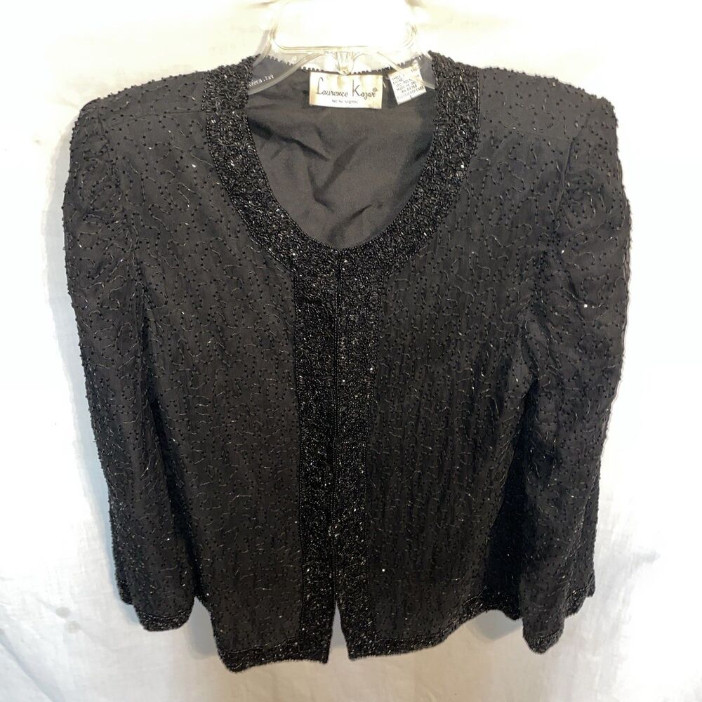 Laurence Kazar Vintage Women’s Beaded Jacket Size Medium Black Silk Going Out